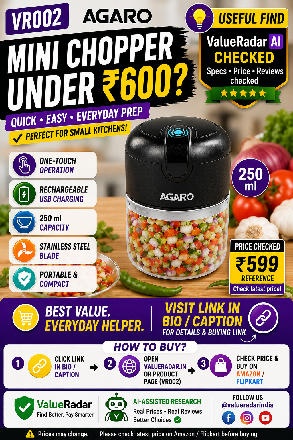 ValueRadar VR002 AGARO Elite rechargeable mini electric chopper buying guide